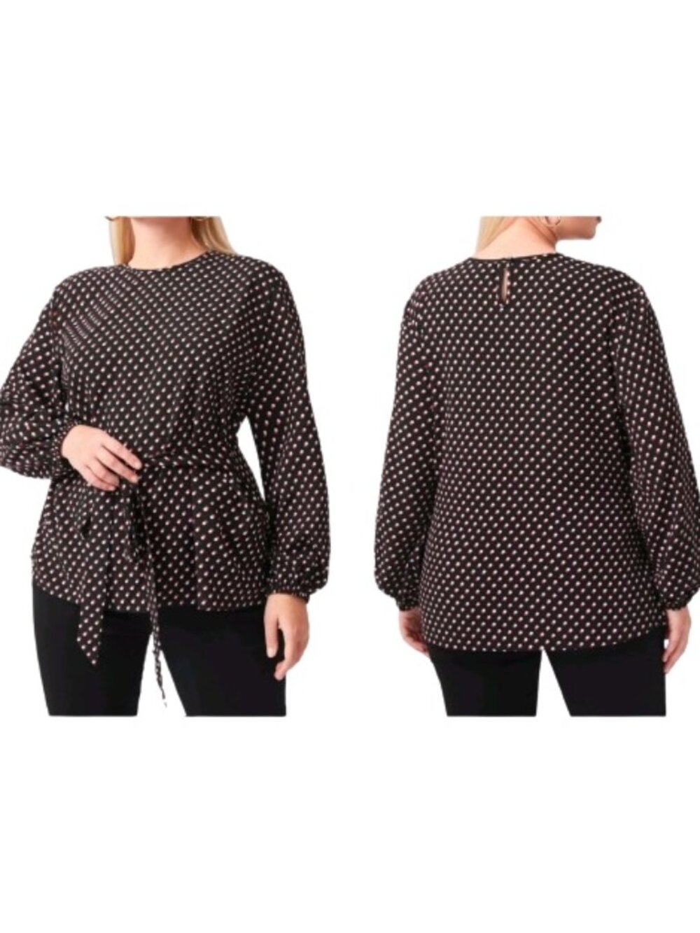 SHEIN Plus Black Long Sleeve Blouse Tie-Waist Abstract Polka-Dot Print